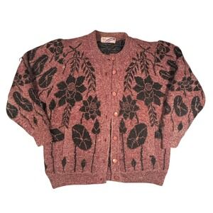 New Wong Kong Co Vintage Floral Knit Cardigan Button Up Sweater Dusty Rose Black